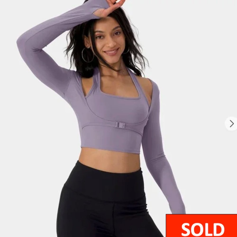 NWT: Cloudful™ Halter Thumb Hole Long Sleeve Cropped 2-in-1 Sports Top (#46) - Picture 1 of 8